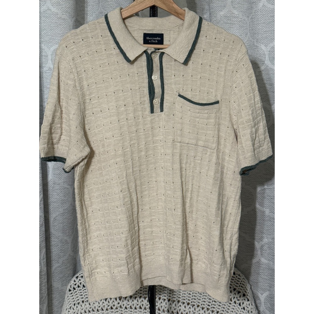 Abercrombie & Fitch Mens Cream Knit Sweater Polo Shirt Green Trim Size M
